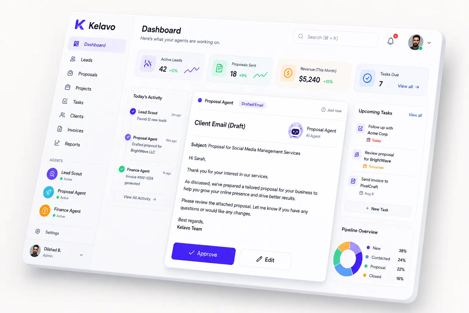 Kelavo dashboard showing an AI agent's drafted client email awaiting approval